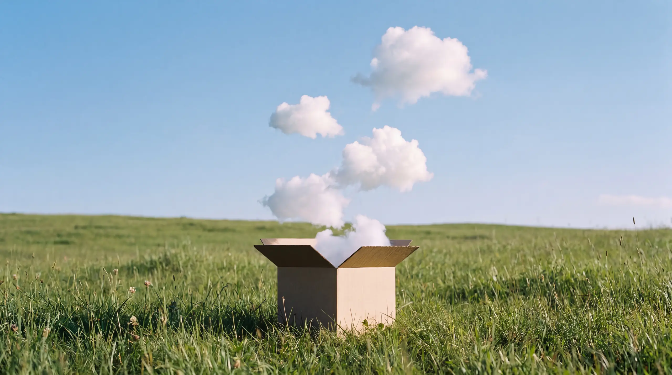 An open cardboard box in a meadow with small clouds rising out of it.
