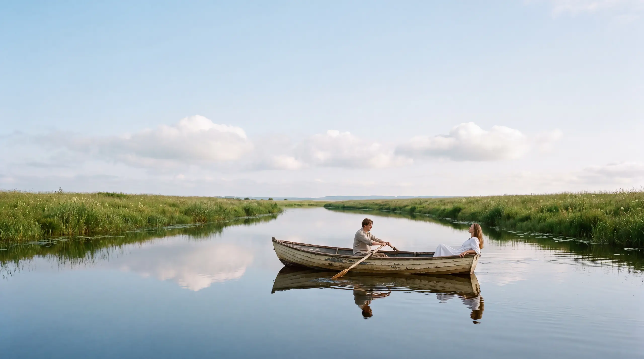 A rowing boat on a calm river between meadows; one person rows while the other looks at the horizon.
