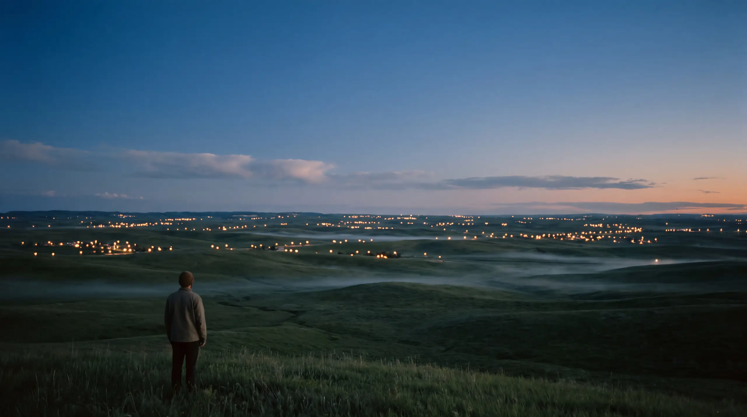 A meadow at dusk with hundreds of small warm lights scattered across the hills to the horizon.